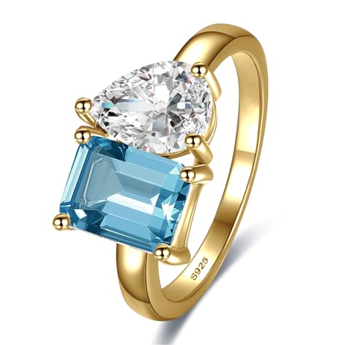 Yaresul Toi Et Moi Ring 925 Sterling Silber Damen Verlobungsring 14K Gold plattiert 1.5ct 6x8mm Doppelstein Ring Smaragd & Birne Aquamarin Schliff Ehering Größe 52(16.6) von Yaresul