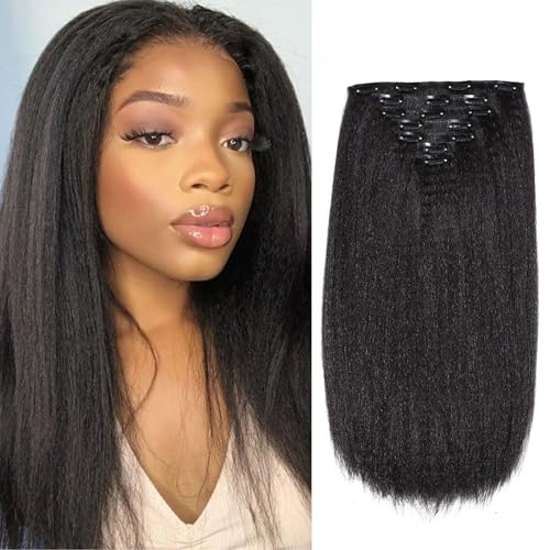 Yargel Hair Haarverlängerungen zum Anklipsen für schwarze Frauen, Yaki, glatt, nahtlos, Kunsthaar, 45,7 cm, 1 Packung (7 Stück/Set mit 16 Clips) von Yargel Hair