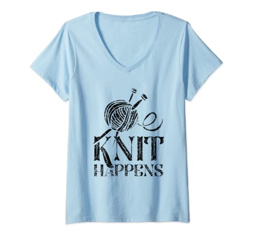 Damen Knit Happens Stricksprüche Hobby T-Shirt mit V-Ausschnitt von Yarn Handcraft Knitting Craft