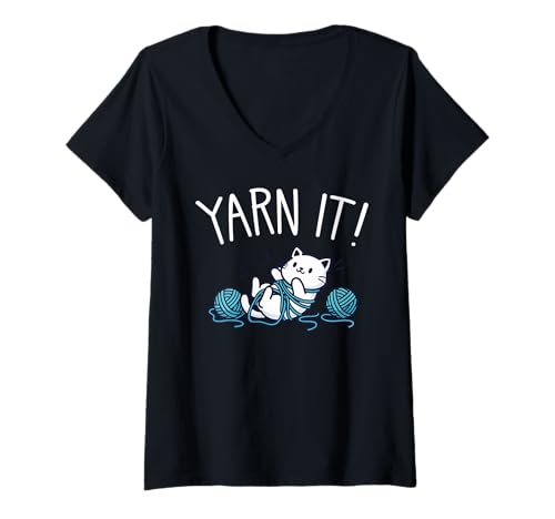 Damen Niedliches Katzengarnspiel T-Shirt mit V-Ausschnitt Damen Niedliches Katzengarnspiel T-Shirt mit V-Ausschnitt von Yarn It Cat Lovers Crafting Fun Tees