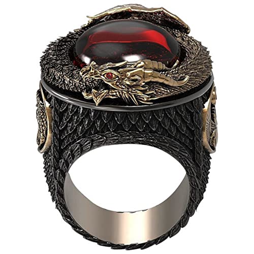 Yarrzhen Zweifarbiger Vintage-Punk-Drachen-Roter Steinring für Herren, Gothic-Totem-Ring, Drachen-Tierring für Männer (11) von Yarrzhen