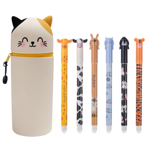 Federmäppchen Stehende, Weiche Silikon Teleskopisch Mäppchen mit 6 Radierbare Stifte, Cartoon Tier Stifthalter und Federtasche, Schlampermäppchen Mädchen, Schulanfang Geschenke für Teenager von Yarteim