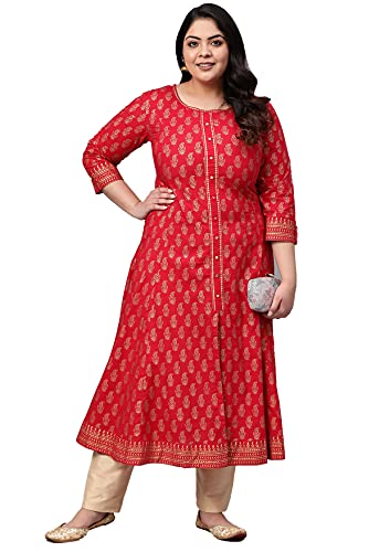 Indische Tunika Baumwolle Gold Print Anarkali Kurtis für Damen (Rot), rot, 4X-Large von Yash Gallery