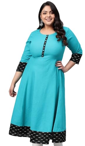 Yash Gallery Damen Baumwolle Solid Rundhals und 3/4 Ärmel Indian Anarkali Kurta, Blaugrün., 5X-Large von Yash Gallery