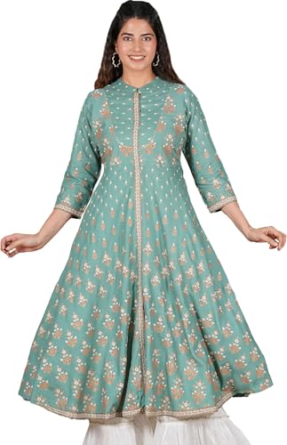 Yash Gallery Damen Plus Size Plus Size Rayon Floral Printed Anarkali Kurta für Frauen, Grün, 5XL von Yash Gallery