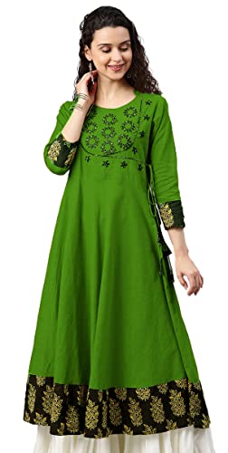 Yash Gallery Women's Cotton Slub Embroidered Anarkali Kurta (Green) (Mustard) von Yash Gallery