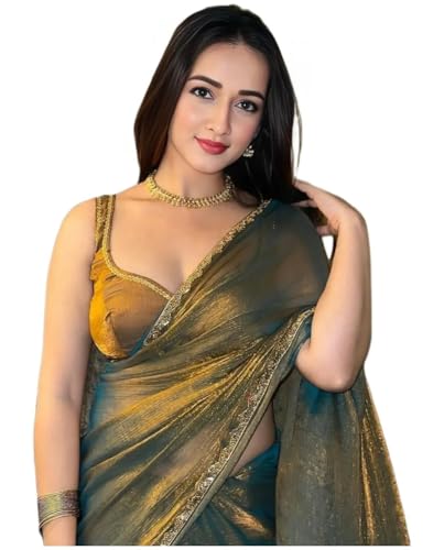 Yashika Weicher Zimmy Choo Damen-Sari aus Seide mit Handarbeit, Spitzenbordüre und wird mit ungesäumtem Blusenteil geliefert | Neueste Sarees Bollywood Sari | New Sarees (AZ-YS-OG-DHAMAKA GOLD) von Yashika