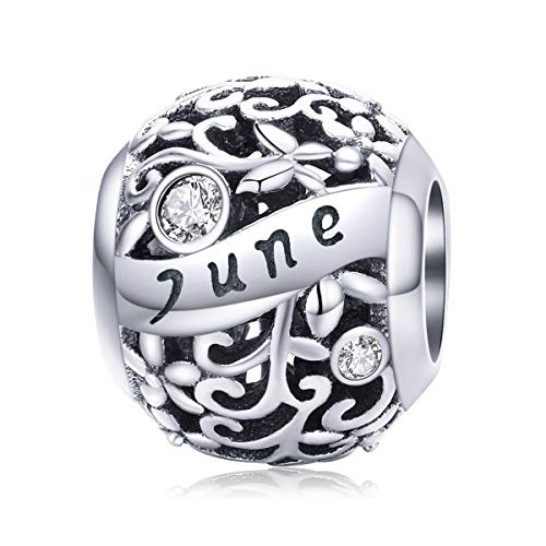 Charm-Anhänger aus echtem 925er-Sterlingsilber mit Aufschrift "Happy Birthday", 12 Farben, Geburtsstein für Pandora-Charm-Armband, Jahrestag, Muttertagsschmuck (Juni) von Yashuo