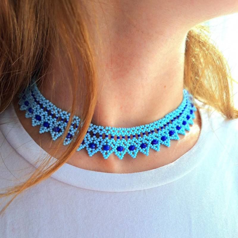 Kalte Blaue Perlenhalskette, Bester Freund-Geschenk-Ideen 50.geburtstag, Perlenkragen-Halskette, Lätzchen-Halsketten, Geschenke Für Sie Handgemacht von YasminJewelryGifts