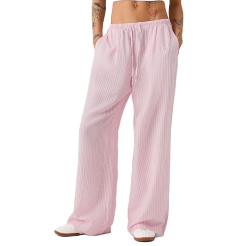 Damen Loungewear Sommer Hose Schlafhose Streifen Elastische Hohe Taille Locker Bequeme Freizeithose mit Taschen Haushose Y2k Aesthetic Clothes (Pink, S) von Yassiglia