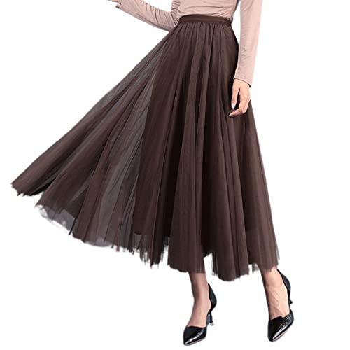 Damen Tüllrock Langer Tüll Rock Mädchen Eleganter Faltenrock Einfarbiges Tütü Mesh Plisseerock Frauen Hohe Taille A-Linie Röcke für Hochzeit Fest Freizeit Party (Braun, ONE Size) von Yassiglia