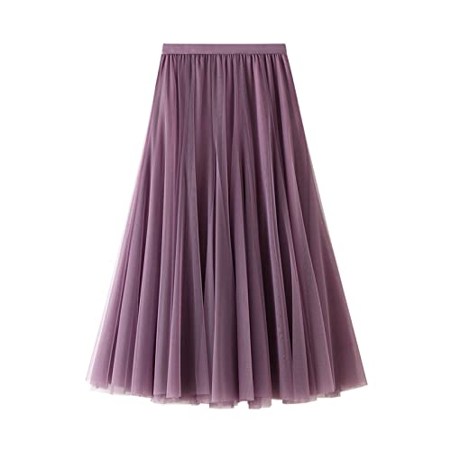 Damen Tüllrock Langer Tüll Rock Mädchen Eleganter Faltenrock Einfarbiges Tütü Mesh Plisseerock Frauen Hohe Taille A-Linie Röcke für Hochzeit Fest Freizeit Party (Lila, ONE Size) von Yassiglia