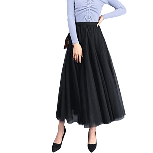 Damen Tüllrock Langer Tüll Rock Mädchen Eleganter Faltenrock Einfarbiges Tütü Mesh Plisseerock Frauen Hohe Taille A-Linie Röcke für Hochzeit Fest Freizeit Party (Schwarz, ONE Size) von Yassiglia