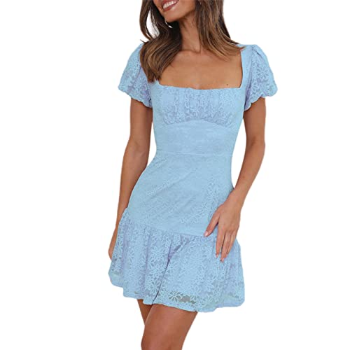 Sommerkleid Damen Elegant Vintage A-Linie Kleid Kurzarm Spitzenkleid Sommer Kurz Minikleid Petticoat Kleid mit Rüsche (Blau B, L) von Yassiglia
