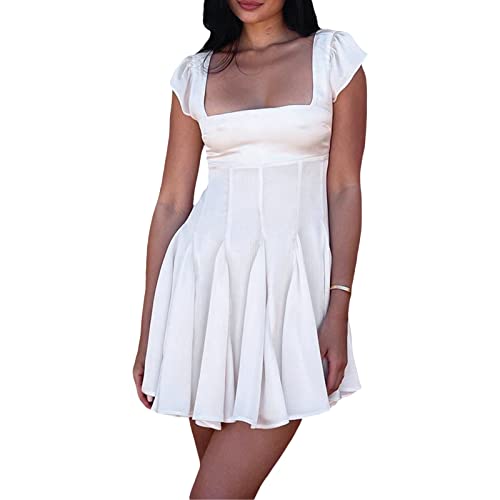 Sommerkleid Damen Elegant Vintage A-Linie Kleid Kurzarm Spitzenkleid Sommer Kurz Minikleid Petticoat Kleid mit Rüsche (Weiß C, M) von Yassiglia