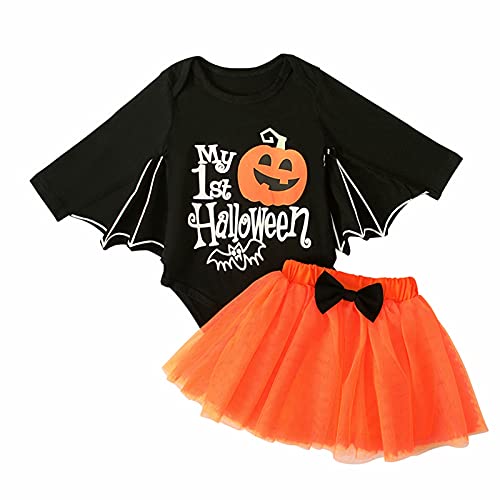 Yassiglia 0-24 Monate Baby DREI Stück Kleidung Set Halloween Kostüm Kinder Babykleidung Outfit Mädchen Festival Kleid Neugeborene Strampler Stirnband Rock (Orange Schwarz B, 6-12 Months) von Yassiglia