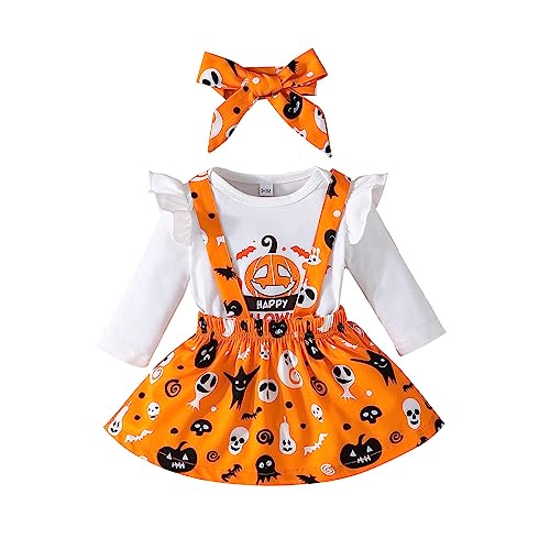 Yassiglia 0-24 Monate Baby DREI Stück Kleidung Set Halloween Kostüm Kinder Babykleidung Outfit Mädchen Festival Kleid Neugeborene Strampler Stirnband Rock (Weiß Orange A, 12-18 Months) von Yassiglia