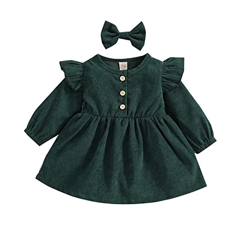 Yassiglia 0-24 Monate Baby Mädchen Prinzessin Kleid Frühling Herbst Kleinkind Langarm Kleider Infant 2Pcs Outfits Samtkleid + Stirnband Set (B-Dunkel Grün, 6-12 Months) von Yassiglia