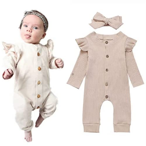 Yassiglia 2 Stücke Set Baby Mädchen Strampler Neugeborenes Junge Kleidung Langarm Geraffte Bodysuit mit Knopf Gestrickt Gerippt Jumpsuit Stirnband Outfits (Beige, 6-12 Monate) von Yassiglia