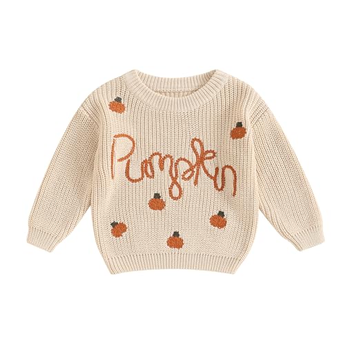 Yassiglia Baby Halloween Strickpullover Kleinkinder Kürbis/Geist Sweatshirt Langarm Rundhals Gestrickter Pullover Neugeborenes Baby My First Halloween Outfit (Beige, 3-6 Months) von Yassiglia