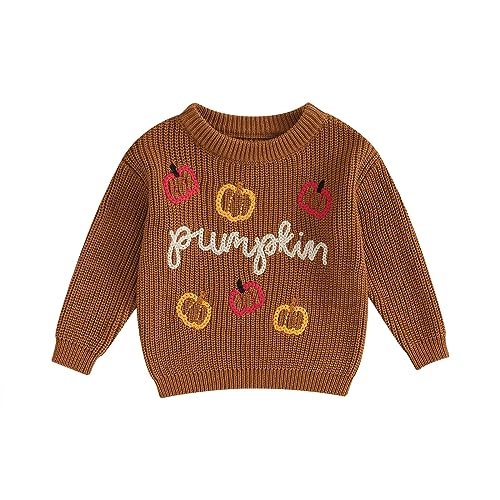 Yassiglia Baby Halloween Strickpullover Kleinkinder Kürbis/Geist Sweatshirt Langarm Rundhals Gestrickter Pullover Neugeborenes Baby My First Halloween Outfit (Braun Kürbis, 12-18 Months) von Yassiglia