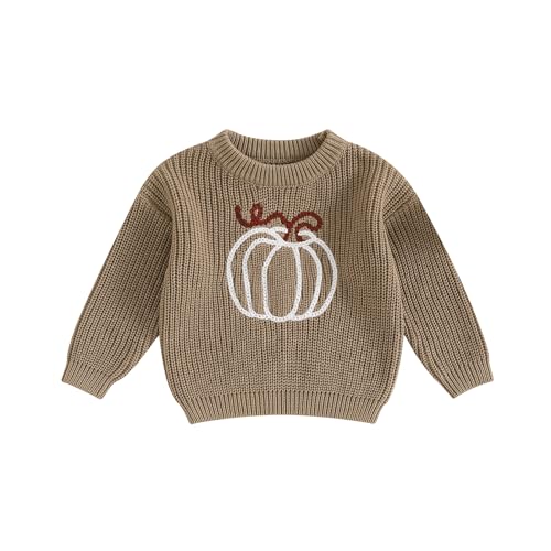 Yassiglia Baby Halloween Strickpullover Kleinkinder Kürbis/Geist Sweatshirt Langarm Rundhals Gestrickter Pullover Neugeborenes Baby My First Halloween Outfit (Khaki Kürbis, 18-24 Months) von Yassiglia