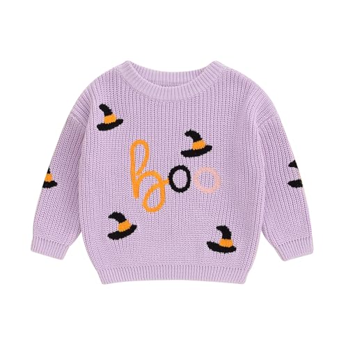 Yassiglia Baby Halloween Strickpullover Kleinkinder Kürbis/Geist Sweatshirt Langarm Rundhals Gestrickter Pullover Neugeborenes Baby My First Halloween Outfit (Lila, 12-18 Months) von Yassiglia