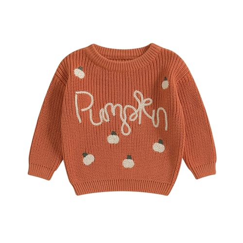 Yassiglia Baby Halloween Strickpullover Kleinkinder Kürbis/Geist Sweatshirt Langarm Rundhals Gestrickter Pullover Neugeborenes Baby My First Halloween Outfit (Orange, 12-18 Months) von Yassiglia
