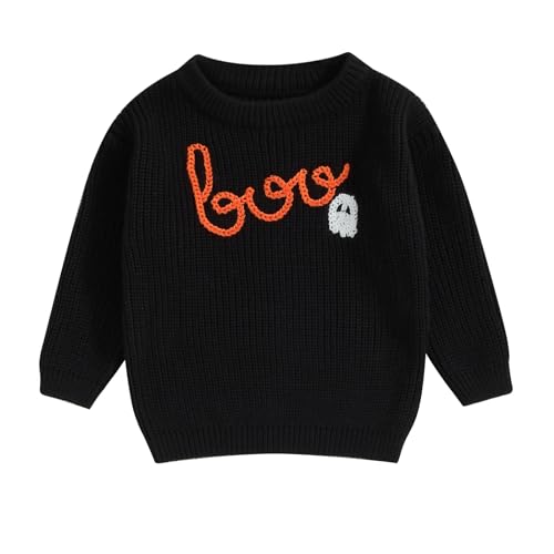 Yassiglia Baby Halloween Strickpullover Kleinkinder Kürbis/Geist Sweatshirt Langarm Rundhals Gestrickter Pullover Neugeborenes Baby My First Halloween Outfit (Schwarz Boo, 0-3 Months) von Yassiglia
