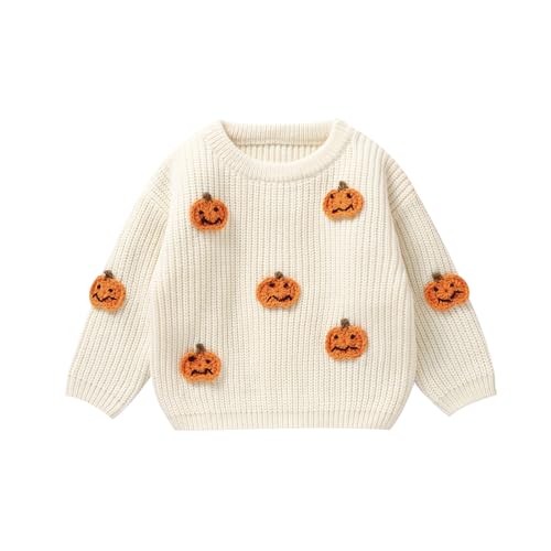 Yassiglia Baby Halloween Strickpullover Kleinkinder Kürbis/Geist Sweatshirt Langarm Rundhals Gestrickter Pullover Neugeborenes Baby My First Halloween Outfit (Weiß-Kürbis, 9-12 Months) von Yassiglia