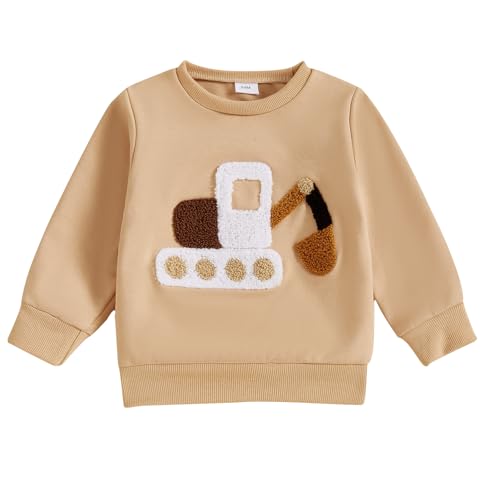 Yassiglia Baby Junge Langarm Sweatshirt Bagger/LKW Stickerei Pullover Tops Weiche Pullover für Kleinkinder Frühling Herbst Oberteile (Dunkel Khaki, 3-6 Months) von Yassiglia