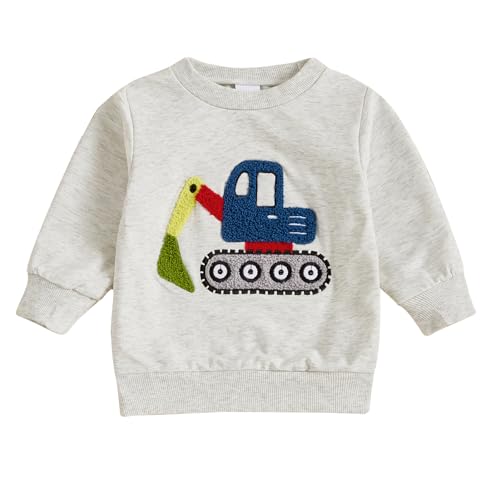 Yassiglia Baby Junge Langarm Sweatshirt Bagger/LKW Stickerei Pullover Tops Weiche Pullover für Kleinkinder Frühling Herbst Oberteile (Grau, 18-24 Months) von Yassiglia