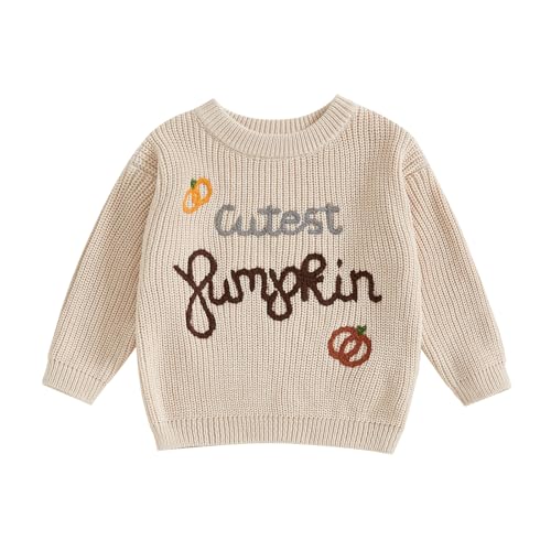 Yassiglia Baby Junge Mädchen Halloween Strickpullover Brief Kürbis Geist Stickerei Pullover Kleinkind Halloween Kleidung Outfit Geschenk (Khaki-Cutest Pumpkin, 12-18 Months) von Yassiglia
