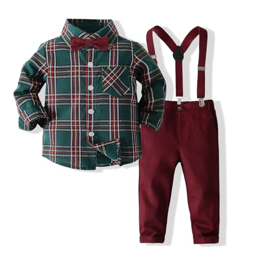 Yassiglia Baby Jungen Anzug Kinder Weihnachtsoutfit Baby Junge Langarm Hemd mit Fliege + Hosenträger Hosen Strampler Set für Weihanchten Hochzeit Party Geburtstag (Grün Rot A, 4-5 Years) von Yassiglia