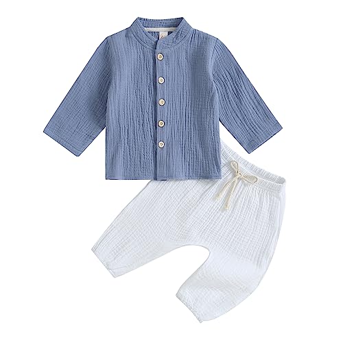 Yassiglia Baby Jungen Baumwolle-Leinen Zweiteiler Outfit Weiches Musselin Kleidung Set Bequeme Bekleidungssets für Kleinkind Langarm Stehkragen Hemd + Hose (Blau, 12-18 Months) von Yassiglia