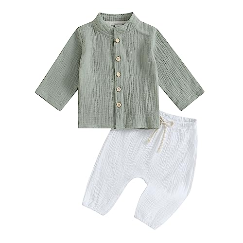 Yassiglia Baby Jungen Baumwolle-Leinen Zweiteiler Outfit Weiches Musselin Kleidung Set Bequeme Bekleidungssets für Kleinkind Langarm Stehkragen Hemd + Hose (Grün, 18-24 Months) von Yassiglia