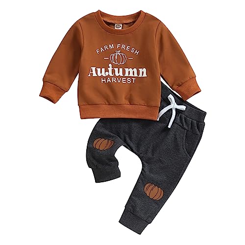 Yassiglia Baby Jungen Halloween Zweiteiler Outfit Kürbis Geist Druck Kleidung Set Kleinkind Bekleidungssets Neugeborene Herbst Sweatshirt + Hose Set (Braun, 6-12 Months) von Yassiglia