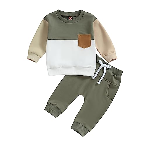 Yassiglia Baby Jungen Kleidung Set Herbst Zweiteiler Outfit Farbe Patchwork Langarm Shirt + Hose Kleinkind Bekleidungssets Neugeborene Babykleidung (Armee Grün, 0-6 Months) von Yassiglia