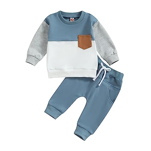 Yassiglia Baby Jungen Kleidung Set Herbst Zweiteiler Outfit Farbe Patchwork Langarm Shirt + Hose Kleinkind Bekleidungssets Neugeborene Babykleidung (Blau Weiß, 2-3 Years) von Yassiglia