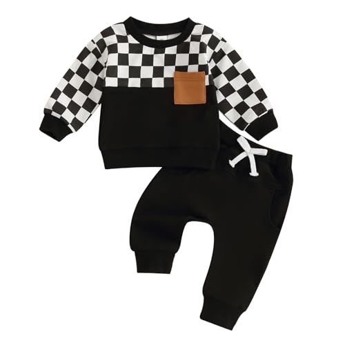 Yassiglia Baby Jungen Kleidung Set Herbst Zweiteiler Outfit Farbe Patchwork Langarm Shirt + Hose Kleinkind Bekleidungssets Neugeborene Babykleidung (Schwarz, 18-24 Months) von Yassiglia