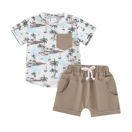 Yassiglia Baby Jungen Kleidung Set Kurzarm Bedruckt T-shirt + Passende Shorts Kleinkind Sommer Bekleidungssets Hawaii Zweiteiler Outfit für Strand (Weiß-Kaffee, 18-24 Months) von Yassiglia