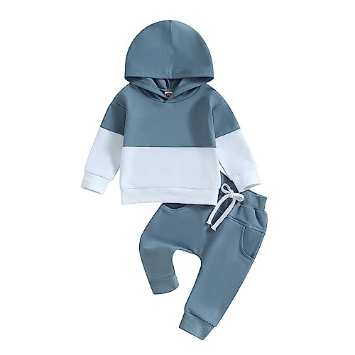 Yassiglia Baby Jungen Kleidung Set Neugeborene Zweiteiler Outfit Kleinkind Herbst Bekleidungssets Jogginganzug für Baby Junge Kapuzenpullover + Hosen Set (Blau Weiß, 12-18 Months) von Yassiglia