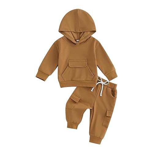 Yassiglia Baby Jungen Kleidung Set Neugeborene Zweiteiler Outfit Kleinkind Herbst Bekleidungssets Jogginganzug für Baby Junge Kapuzenpullover + Hosen Set (Braun, 0-6 Months) von Yassiglia