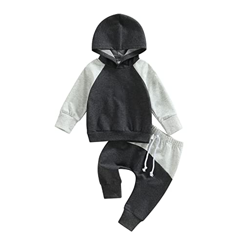 Yassiglia Baby Jungen Kleidung Set Neugeborene Zweiteiler Outfit Kleinkind Herbst Bekleidungssets Jogginganzug für Baby Junge Kapuzenpullover + Hosen Set (Grau Schwarz, 18-24 Months) von Yassiglia