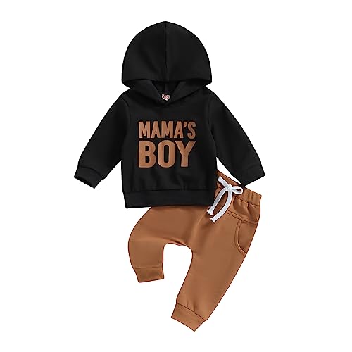 Yassiglia Baby Jungen Kleidung Set Neugeborene Zweiteiler Outfit Kleinkind Herbst Bekleidungssets Jogginganzug für Baby Junge Kapuzenpullover + Hosen Set (Schwarz Braun, 0-6 Months) von Yassiglia