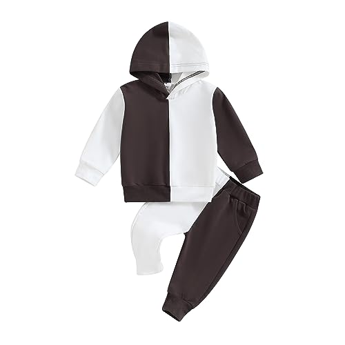 Yassiglia Baby Jungen Kleidung Set Neugeborene Zweiteiler Outfit Kleinkind Herbst Bekleidungssets Jogginganzug für Baby Junge Kapuzenpullover + Hosen Set (Weiß Kaffee, 9-12 Months) von Yassiglia