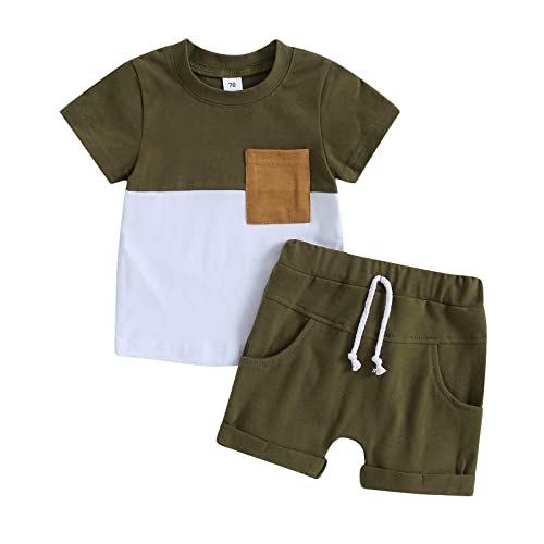Yassiglia Baby Jungen Kleidung Set Sommer Zweiteiler Outfit Farbe Patchwork Kurzarm Shirt + Shorts Kleinkind Bekleidungssets Neugeborene Babykleidung (Armeegrün+Weiß, 0-6 Months) von Yassiglia