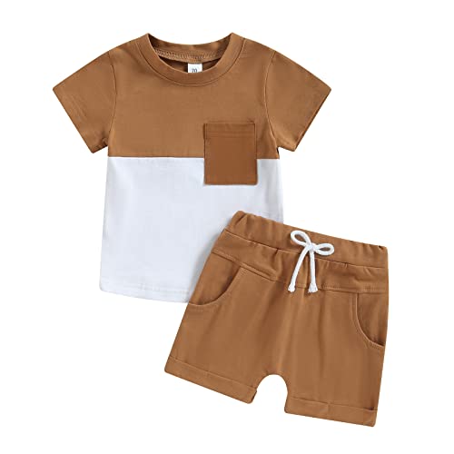 Yassiglia Baby Jungen Kleidung Set Sommer Zweiteiler Outfit Farbe Patchwork Kurzarm Shirt + Shorts Kleinkind Bekleidungssets Neugeborene Babykleidung (Braun+Weiß, 2-3 Years) von Yassiglia