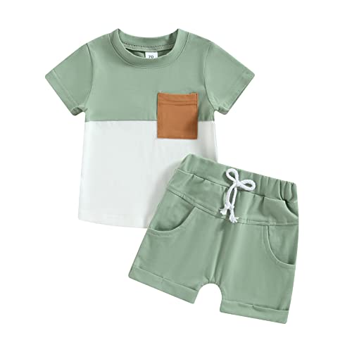 Yassiglia Baby Jungen Kleidung Set Sommer Zweiteiler Outfit Farbe Patchwork Kurzarm Shirt + Shorts Kleinkind Bekleidungssets Neugeborene Babykleidung (Grün+Weiß, 12-18 Months) von Yassiglia