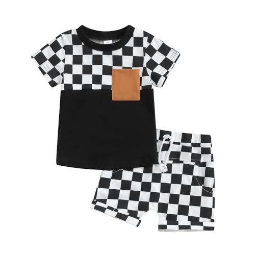 Yassiglia Baby Jungen Kleidung Set Sommer Zweiteiler Outfit Farbe Patchwork Kurzarm Shirt + Shorts Kleinkind Bekleidungssets Neugeborene Babykleidung (Schwarz, 12-18 Months) von Yassiglia